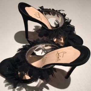 Christian Louboutin black fringe slides